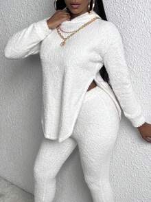 Slaydiva Áo hoodie và quần ống rộng vai rớt, xẻ tà. - trắng - Xem 5