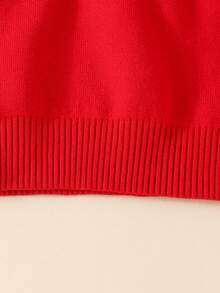 SHEIN Tween Girl Pearls Beaded Ruffle Trim Bow Front Raglan Sleeve Sweater - Red - View 4