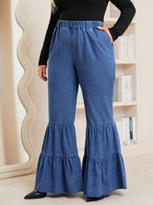 SHEIN LUNE Plus Elastic Waist Ruffle Hem Flare Leg Jeans - Dark Wash - View 4