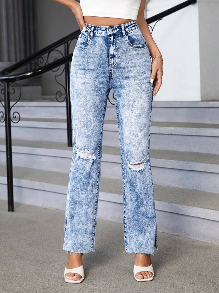 High Waist Ripped Flare Leg Jeans