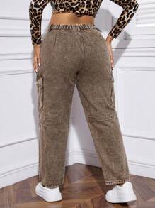 SHEIN SXY Hơn Túi nắp bên cạnh Quần jean chở hàng - Màu Khaki - Xem 2