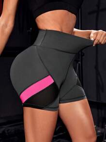 Colorblock Wideband Waist Biker Shorts - Black - View 2
