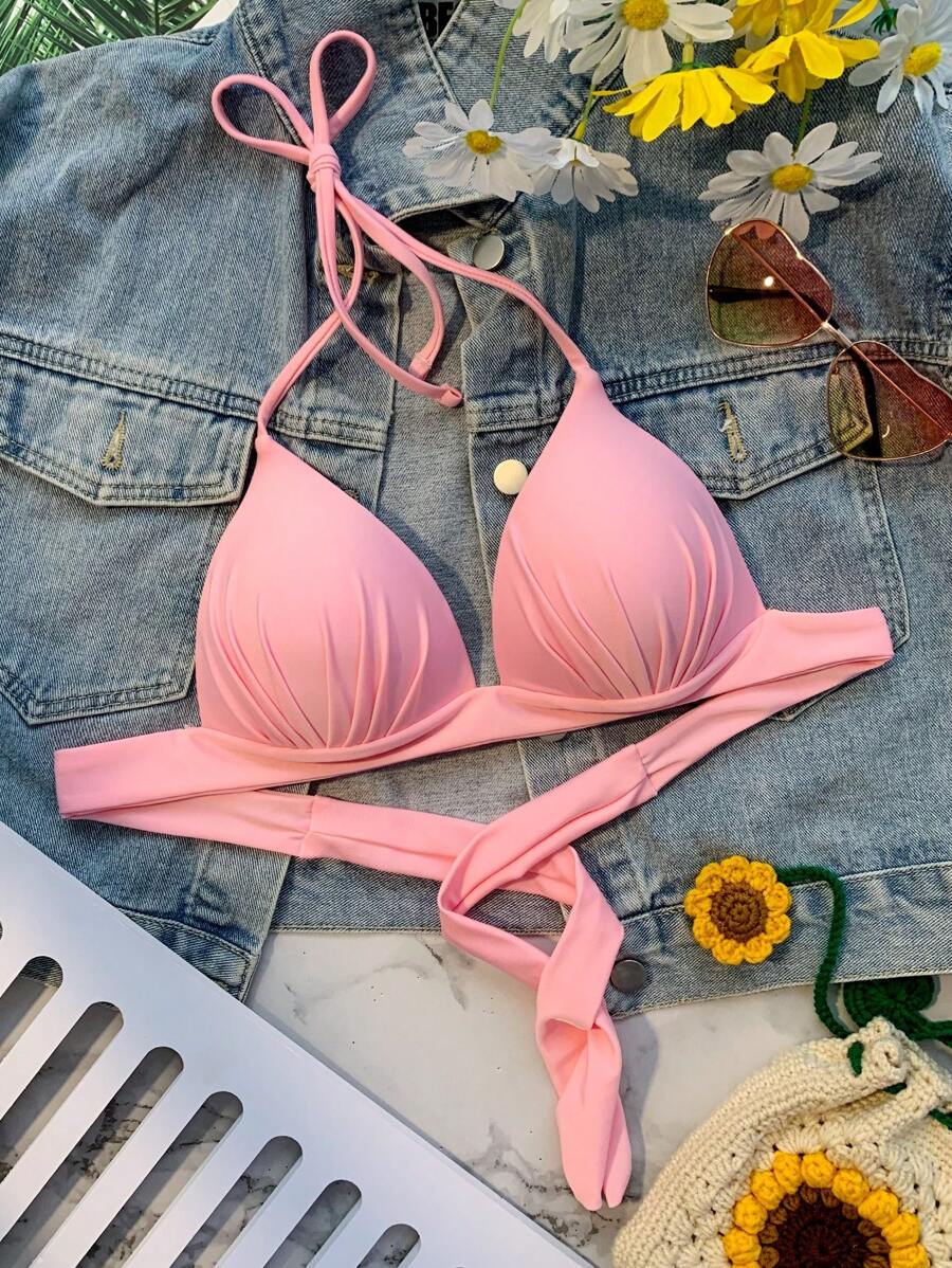 Swim Mod Summer Beach Halter Triangle Swimming Top - Pink - View 1