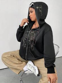 SHEIN Coolane Sudadera con cremallera con gráfico de figura de talla grande - Negro - Ver 5