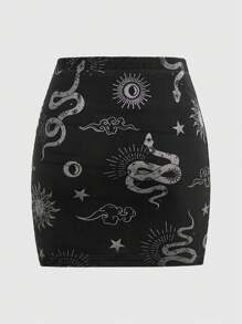 ROMWE Goth Falda con estampado de sol y luna - Negro - Ver 2