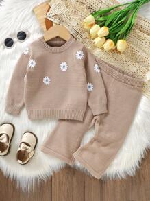 Baby Girl Floral Embroidery Sweater & Knit Pants - Khaki - View 1