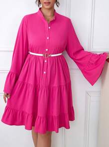 Celure Plus Flare Sleeve Layered Ruffle Hem Smock Dress - Hot Pink - View 1