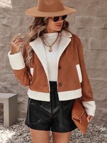 SHEIN LUNE Color Block Teddy Lined Jacket - Khaki - View 5