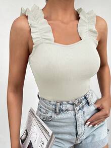 Cottnline Ruffle Trim Ribbed Knit Tank Top - White - View 4