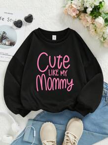 Tween Girl 1pc Slogan Graphic Drop Shoulder Thermal Lined Tissue Sweatshirt - Black - View 1