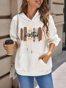 SHEIN LUNE Sudadera con capucha con cordón y bolsillo de canguro con estampado de letra - Blanco - Ver 3