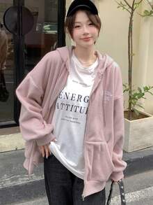 DAZY 字母圖案落肩抽繩連帽夾克 - 粉色 - 查看 4