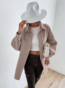 SHEIN LUNE Drop Shoulder Pocket Patched Coat,Ladies Spring/Fall Casual Button,Pocket Drop Shoulder Collar Regular Fit Coffee Brown Plain Women Coats,Casual Daily Wear - Coffee Brown - View 1