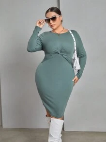 SHEIN Essnce 大碼前扭結下擺開叉緊身洋裝 - 綠色 - 查看 5