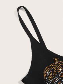 SHEIN EZwear Halloween Rhinestone Detail Crop Cami Knit Top - Black - View 4