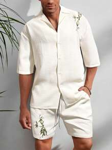 Manfinity Homme 男士竹印花襯衫&腰部抽繩短褲不帶T恤 - 米色 - 查看 1