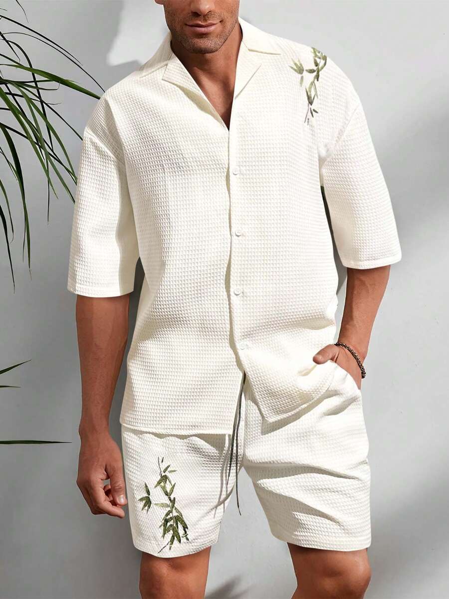 Manfinity Homme 男士竹印花襯衫&腰部抽繩短褲不帶T恤 - 米色 - 查看 1