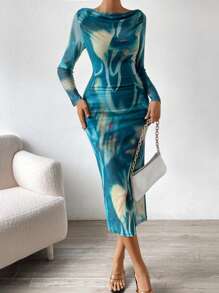 Zolique Tie Dye Boat Neck Bodycon Dress - Multicolor - View 4