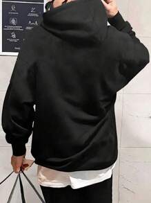 男士鹿角印花袋鼠口袋抽绳连帽衫，秋季款，长袖上衣 - 黑色 - 查看 2