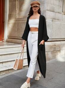 RueChic Solid Open Front Longline Cardigan - Black - View 4