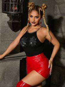 SHEIN SXY Rhinestone Spider Web Pattern Chain Halter Knit Top - Black - View 5