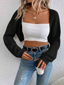 SHEIN Essnce 秋冬开襟短款开衫 - 黑色 - 查看 1