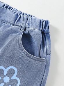 女大童字母圖案牛仔褲 - 淺色水洗藍 - 查看 4