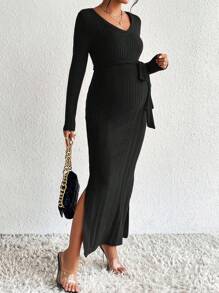 SHEIN 孕婦高衩繫腰帶洋裝 - 黑色 - 查看 1