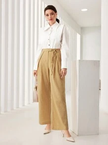 Seusyu Pantalones de pierna ancha de talle alto con cinturón - Albaricoque - Ver 4