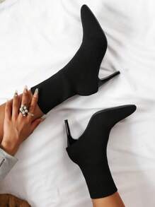 女式針織靴子節日女裝2023新款中筒靴女時尚靴子女秋冬粗跟靴子女高筒修身時尚靴子女萬聖節裸靴 - 黑色 - 查看 2