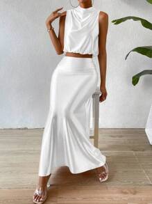 Chiquease Solid Crop Tank Top & Mermaid Hem Skirt - White - View 1