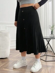 SHEIN Clasi Váy đan xếp ly có chi tiết nút cộng - màu đen - Xem 3