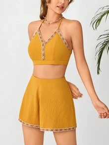 Soleia 撞色飾邊繫帶露背掛脖上衣和短褲 - 黃色 - 查看 3