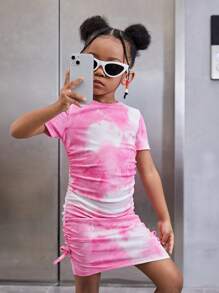 SHEIN Young Girl Tie Dye Ruched Side Dress - Watermelon Pink - View 1