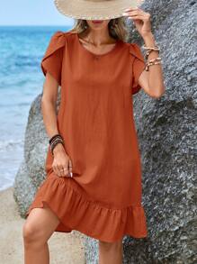 EMERY ROSE Petal Sleeve Ruffle Hem Smock Dress - Redwood - View 1