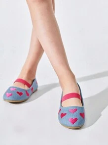 時尚孩子們的刺繡牛仔風格平底鞋帶Love愛心設計適用於秋天 - 藍色 - 查看 2