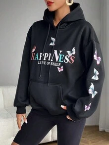 Slogan & Butterfly Print Kangaroo Pocket Drop Shoulder Drawstring Hoodie - Black - View 6