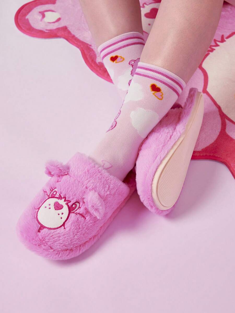 SHEIN X Care Bears Dép đi trong nhà thêu hình gấu hồng dễ thương, QUÀ TẶNG - Hồng - Xem 1
