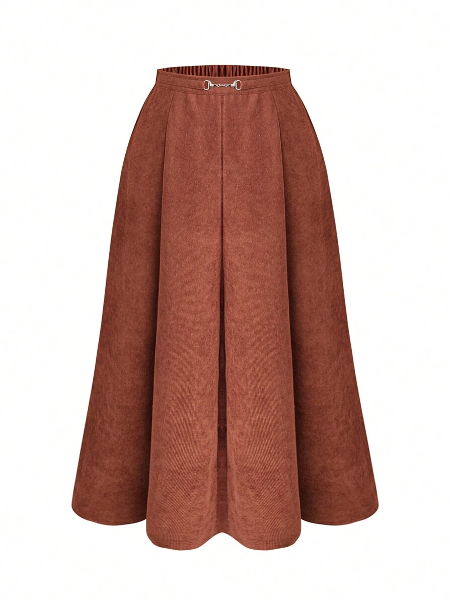 SHEIN Clasi Plus Solid Chain Detail Flare Skirt - بني - مشاهدة 1