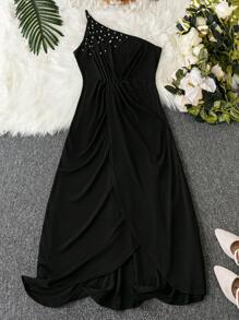 SHEIN Clasi Plus Pearls Beaded One Shoulder Twist Front Wrap Hem Dress