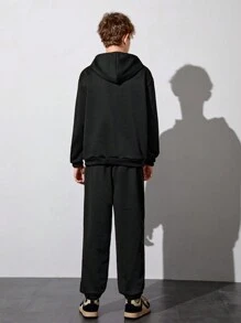 青少年男孩素色袋鼠口袋衛衣和衛褲 - 黑色 - 查看 2
