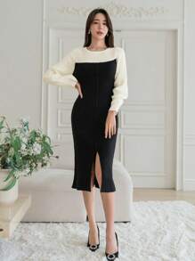 DAZY Two Tone Split Thigh Sweater Dress,Fall Women Clothes - Black - View 5