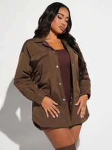 SHEIN SXY Abrigo con bolsillo con solapa de hombros caídos bajo curvo - Marrón - Ver 1