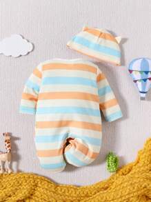 男嬰條紋圖案&卡通圖案前紐扣連身褲&帽睡衣套裝 - 彩色 - 查看 2