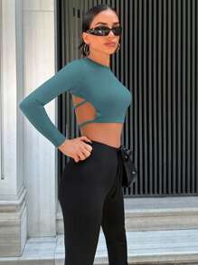 EURMUSE Chất rắn Không lưng Áo phông Crop - Màu xanh Bạc hà - Xem 5