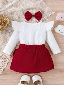 للبنات الاطفال مقلم بكشكش تي شيرت & عقدة الفراشة أمامية تنورة مع عقال الرأس