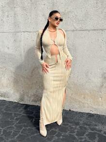 SHEIN SXY 環鏈繞頸不對稱下擺短款上衣帶前胸敞開短上衣 - 卡其色 - 查看 1