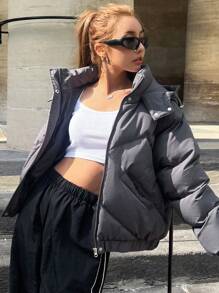 DAZY 拉链抽绳连帽厚口袋外套，女士冬季外套夹克 - 深灰色 - 查看 1