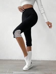 SHEIN LUNE 撞色蕾絲七分褲 - 黑色 - 查看 3