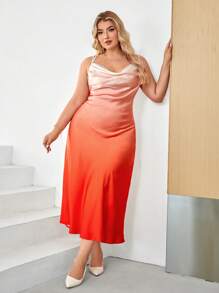 SHEIN Privé Plus Ombre Draped Collar Cami Dress - Coral Orange - View 4